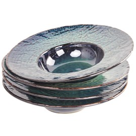 LIUYWYHCF Ceramic Rimmed Soup Plate, Soup Bowl 6.4 oz, Pasta Bowl Set of 4, Shallow Bowl Plate with Rim, Best choice for high-end restaurants, hotels, and foodies, Teal reactive glaze, 9.3 Inch