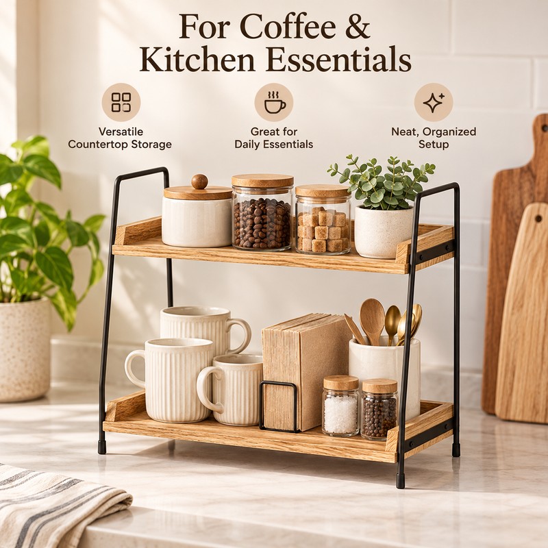 Countertop Organizer for Coffee & Kitchen Essentials – Wooden Storage