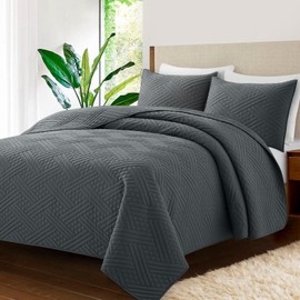 Safonory Quilt Set Full/Queen Size(90"x96", Dark Grey) - Summer Thin Soft Striped Pattern Quilted Bedspread for Queen Bed - 3 Pieces Lightweight Gray Coverlet Bedding Set(1 Quilt, 2 Shams)