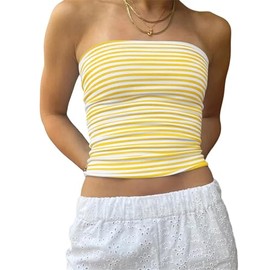 KIGRAD Women Y2k Striped Bandeau Tube Top Aesthetic Strapless Backless Crop Tank Tops Teen Girls Preppy Clothes Summer Yellow