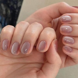 Press on Nails Short Square SWEKKE Petite Fake Nails Nude Full Cover Magnetic Nails Press on Glossy Glue on Nails Pink Flash False Nails Acrylic Nails Artificial Nails for Women Girls 24Pcs