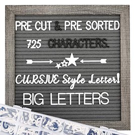 Grey Felt Letter Board 10x10 Inch Letter Board, Pre Cut & Sorted 725 Letters, Cursive style letters, Big letters, Letter Organizer, Picture Hangers, Wall Mount, Farmhouse Felt Message Board