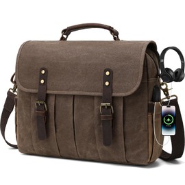 Vintage Mens Messenger Bag 15.6 inches Waterproof Genuine Leather Waxed Canvas Satchel Shoulder Bag Briefcase Laptop Bag with Charging,Headset Port,Brown
