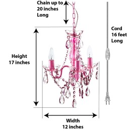 Plug-in 3 Light Pink Hanging Swag Chandelier H17”xW12”, Pink Metal Frame with Pink Glass Stem and Pink Acrylic Crystals & Beads That Sparkle Just Like Glass