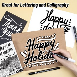 KERIFI Black and White Paint Pens, 12 Dual Tip Acrylic Paint Marker Brush Tip & Round Tip, White Acrylic Paint Pen for Rock Painting Stone Wood Plastic Glass Black Paper Ceramic (6Black 6White)