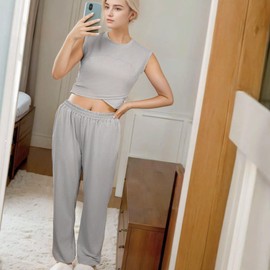 VOHOTO Two Piece Lounge Set for Women Fashion Casual Workout Sets Cropped Tops High Rise Wide Leg Sweatpants Summer Trendy Outfit