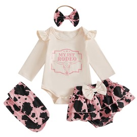 Kayotuas Western Baby Girl Clothes Newborn Cowgirl Outfit My First Rodeo Romper Cow Print Bloomer Shorts Headband Socks Set (Khaki, 6-12 Months)