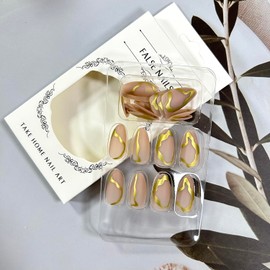 LOPMNGHT French Tip Press on Nails Medium Gold Stripe False Nails Almond Nails Reusable Artificial Coffin Nails Full Cover Glossy Acrylic Nails DIY Stick on Nails Glue on Nails for Women 24Pcs
