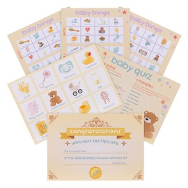 Gender Neutral Baby Shower Decorations + 4 Games Pack for Boys/Girls. Games: Bingo, Quz, Trivia, Charades. Decorations: Mummy to be Sash, Bunting, Balloons & Confetti.