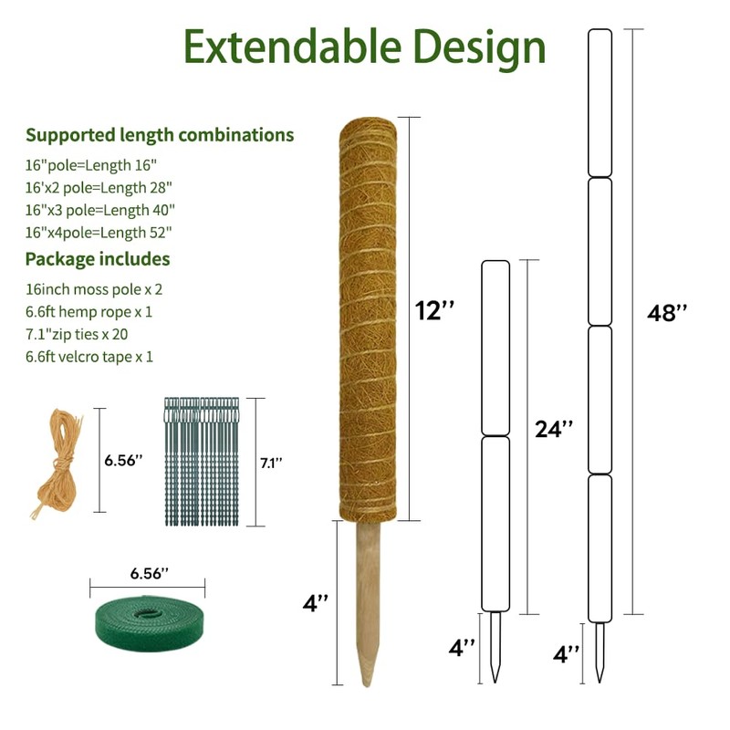 Moss Pole Monstera Plant Support: 4 Pack 16 inch Stackable