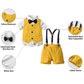 SANGTREE Baby Boys Clothes Set, Summer Dress Shirt with Navy Bow Tie + Suspender Shorts + Suit Vest Wedding Short Clothing Outfits, Short Yellow, 3-4T = Tag 120