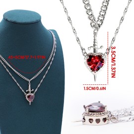 BYETOCE Heart and Sword Couples Necklace Silver Stainless Steel Red Heart Zirconia Chain Trendy Matching Sword Through Heart Necklace Set Romantic Necklaces for friend Couple