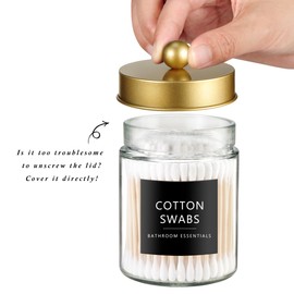 SheeChung Qtip Holder Dispenser for Bathroom Vanity Organizer and Farmhouse Decor - Stylish Glass Apothecary Jar with Stainless Steel Lid and Stickers,Bathroom Countertop Storage Canister(Gold,2Pack)