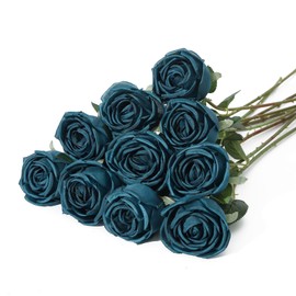 Coferset 10 Pcs Fake Roses, Artificial Silk Rose Flowers with Long Stems, Realistic Faux Roses for Vase Home Wedding Table Centerpieces Baby Shower Decor (Peacock Blue)