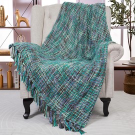 BYTIDE Multi Color Boho Knitted Throw Blankets with Fringe Tassels, Soft Chic Lightweight Afghan Mexican Throw Blankets for Couch Bed Sofa Chair Outdoor (Teal Multi 50 x 60 in)