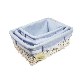 Woodluv Rectangular White Willow Wicker Hamper Storage Basket-With Blue Fabric & Ribbon (Gift Hamper Basket) -SMALL