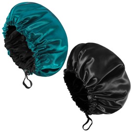 Fuyamp 2 Packs Satin Sleep Cap, Adjustable Silky Sleep Bonnet for Women Long Curly Hair, Double-Sided Waterproof Satin Hair Cap Extra Large Sleep Satin Bonnet for Women Sleeping(Black+Lake Green)