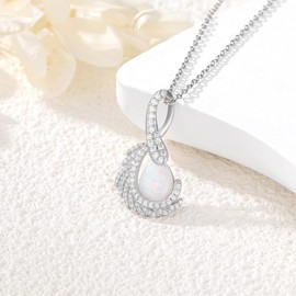925 Sterling Silver Feather Water-Drop Opal Pendant Necklace for Women Gift