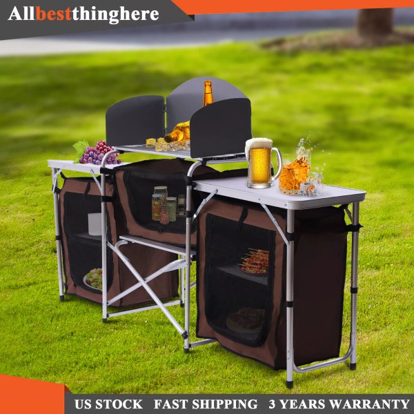 Folding Camping Kitchen Table Picnic Cabinet Table Portable Cooking Storage