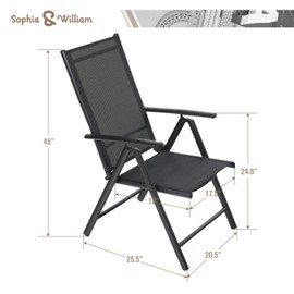 Sophia & William Patio Foldable Dining Chairs Set of 2, Outdoor Folding Sling Chairs 7 Levels Adjustable, High Back Portable Chairs for Porch, Poolside, Patio, Garden, Balcony, Backyard, Black