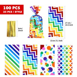 Kesote 100Pcs Rainbow Cellophane Party Bags with Twist Ties 4 Patterns Sweet Bags Cellophane Treat Bags for Birthday Party Wedding Baby Shower, 27 x 13cm