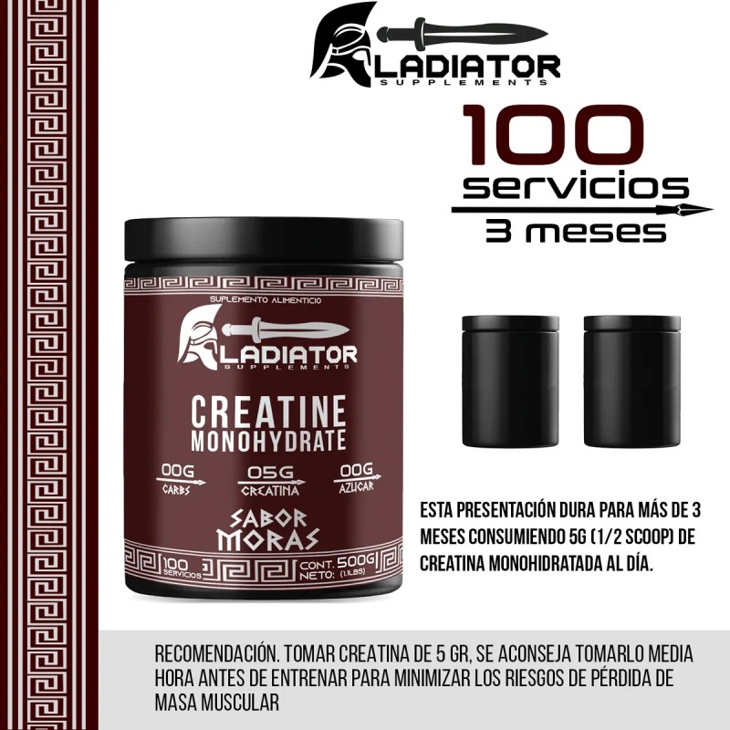 Creatina Monohidratada 500g Gladiator En Polvo Sabores Moras
