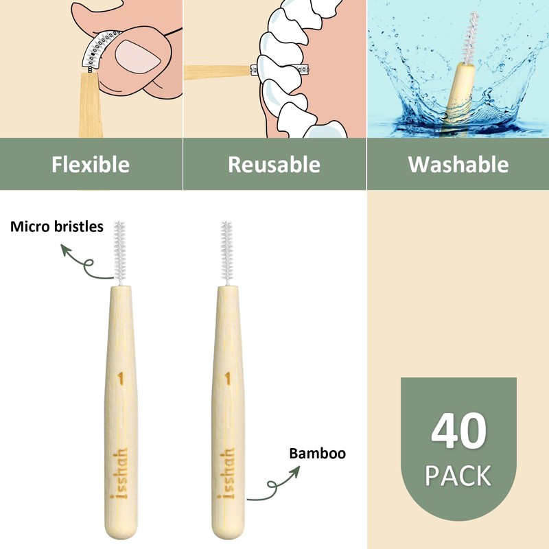 Isshah Bamboo Interdental Brushes, Between Teeth Cleaner Deep Clean Brush,