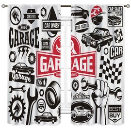 Garage Window Curtains, Retro Man Cave Repair Vehicle Garage Tools Shed Workshop Vintage Car Window Drapes Treatments for Boys Men Teen Bedroom Living Room Decor 2 Panels Set, 42"x45" Inch