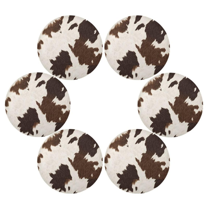 JUZIHAI Brown White Cow Print Placemats 15 Inch Round Polyester