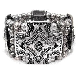 Textured Western Native Navajo Metal Cross Bead Chunky Stretch Bracelet (Silver)