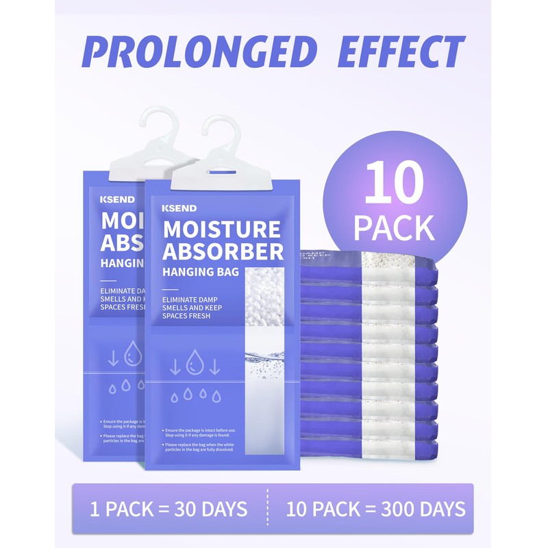 Ksend Moisture Absorbers 10 Pack, 9.8 Oz Compact Dehumidifier Bags
