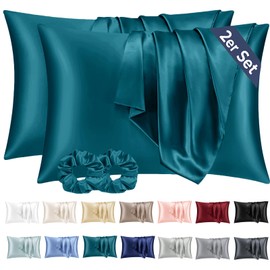 Vielit 2 Satin Pillowcases, 40 x 60 cm, Petrol, Soft as Silk Pillowcases, Better Care Than Silk Pillowcases, for Hair and Skin, with 2 Hair Scrunchies