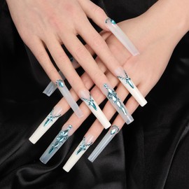 Artiprint Glossy White Coffin Press-On Nails with Blue Rhinestone Detailing, Elegant & Chic Design, Ideal for Special Events and Parties (K002, S)