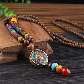 THTHT Vintage Handmade Beads Necklace Sweater Chain Ethnic Nature Wood Carving Round Buddha Statue Bohemian Simple Unisex Clothing Accessories, Wooden bead, Beads Turquoise