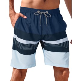 BOJIN Mens Swim Trunks Quick Dry Swim Shorts Mesh Lining Bathing Suits Swimwear Beach Shorts BS291 Black&Blue Stripe 1XL