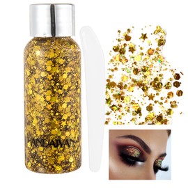 Body Glitter Gel Glitter Liquid Face Body Glitter Gel Festival Glitter Mermaid Sequins Chunky Glitter Liquid Face Hair Makeup Long Lasting Sparkling with 1 Spoon Gold