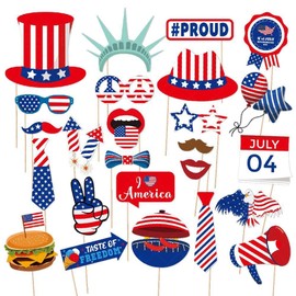 Independence Day Decorations Photo Props, 25pcs 4th of July Party Decorations USA American Flag Pattern Selfie Props Red White Blue Hats Glasses Props Party Backdrops Supplies