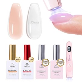 Beetles Builder Gel Nails Kit HEMA Free & Handheld Nail Lamp,8 in 1 Clear Natural Nude Building Gel with Base Top Coat,for Thickening Strengthening Building Apex for Beginner DIY Salon at Home Gifts