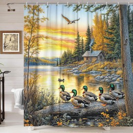 Rustic Duck Shower Curtain, Countryside Wild Ducks Cabin Lodge Natural Lake Scenery Hunting Shower Curtain Set, Hunting Bird Animal Farmhouse Camping Shower Curtain Bathroom with Hooks, 70X70IN