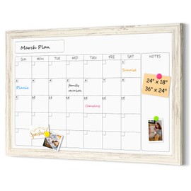 4 THOUGHT Whiteboard Calendar 36" x 24" Magnetic Dry Erase Board Wood Frame Wall-Mounted Monthly Planner White Board Decorative Notice Board for Office School Home, White Vintage