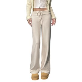 Women's Solid Drawstring Foldover Waist Straight Leg Pants, Flattering Pants for Women, Fashion Casual Chic Drop Waist Trousers for Daily Outdoor Casual Wear, Fall Outfits 2024 - Color: White, Size: M