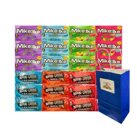 Assorted Candy Mix Variety Pack 24 Count – 4 Flavors Each of Mike and Ike & Now and Later – Chewy Fruity Candy – Party Snack with Blue Paper Bag