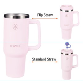 ICEWATER - 40 oz Tumbler with Handle & 2 Lids (Standard Straw and Flip Straw) | 100% Leak Proof | Cup Holder Friendly | Insulated Water Bottle for Coffee | Keep Cold for 36 Hours (Petal Pink)