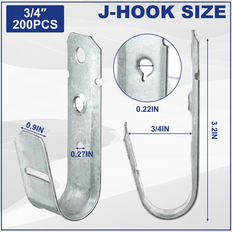 Gisafai 200 Pcs Cable Support J-Hook, 3/4 Inch Metal Garage