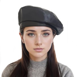 AICHUAN PU Leather French Beret Hat, 6 Panel Newsboy Cabbie Beanie Cap Cute Artist Painter Hat for Women Black