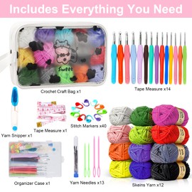 Crochet Kit, Crochet Kit for Beginners, Knitting Kit Include 12 Spools of Crochet Yarn, 14 Crochet Hooks,4 Needles,Crochet Accessories, and 1 Bag,Suitable for Children, Adults Gifts