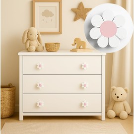 6-Pack Daisy Flower Drawer Knobs – White & Pink Decorative Pull Handles for Kids’ Furniture, Nursery Dressers, Cabinets, and Closets – Adorable Flower-Themed Pulls for Girls’ Bedroom (4.7 X 4.7 cm)