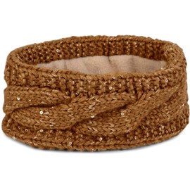styleBREAKER 04026002 Women’s Headband Chunky Knit with Cable Pattern and Sequins, Warm Fleece Lining, Headband - brown