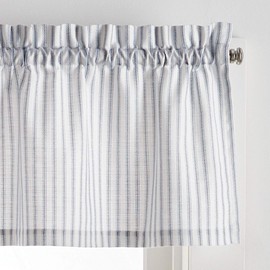 MARTHA STEWART Ticking Stripe 3-Piece Window Curtain Valance and Tiers Set, White Indigo