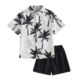 OXUBOAO Boy Summer Clothes Set Kids Hawaii Shirts Button Down + Black Shorts Outfits (Wihte Black, 7-8T)